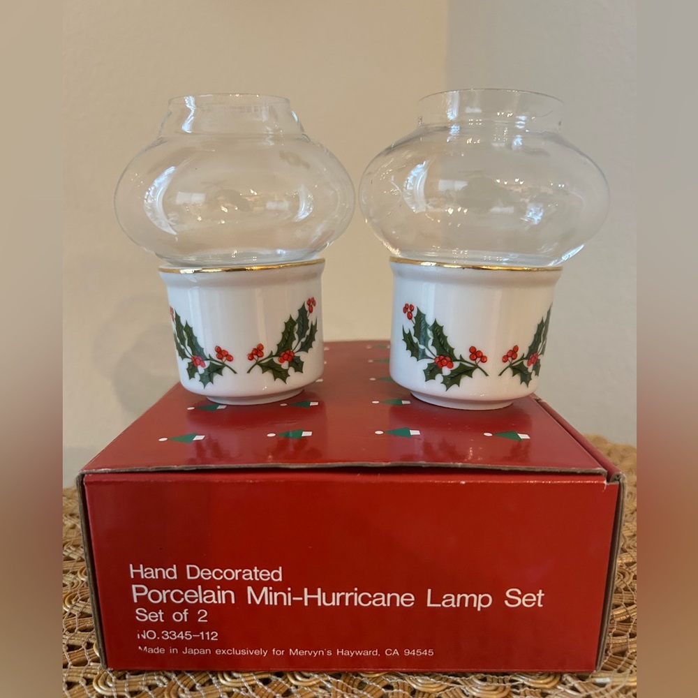 Vintage Christmas Mini Hurricane Lamp Set of 2, Hand Painted. Made in Japan.